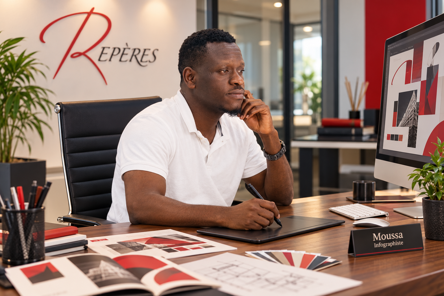 Moussa, infographiste, dans son bureau de création graphique