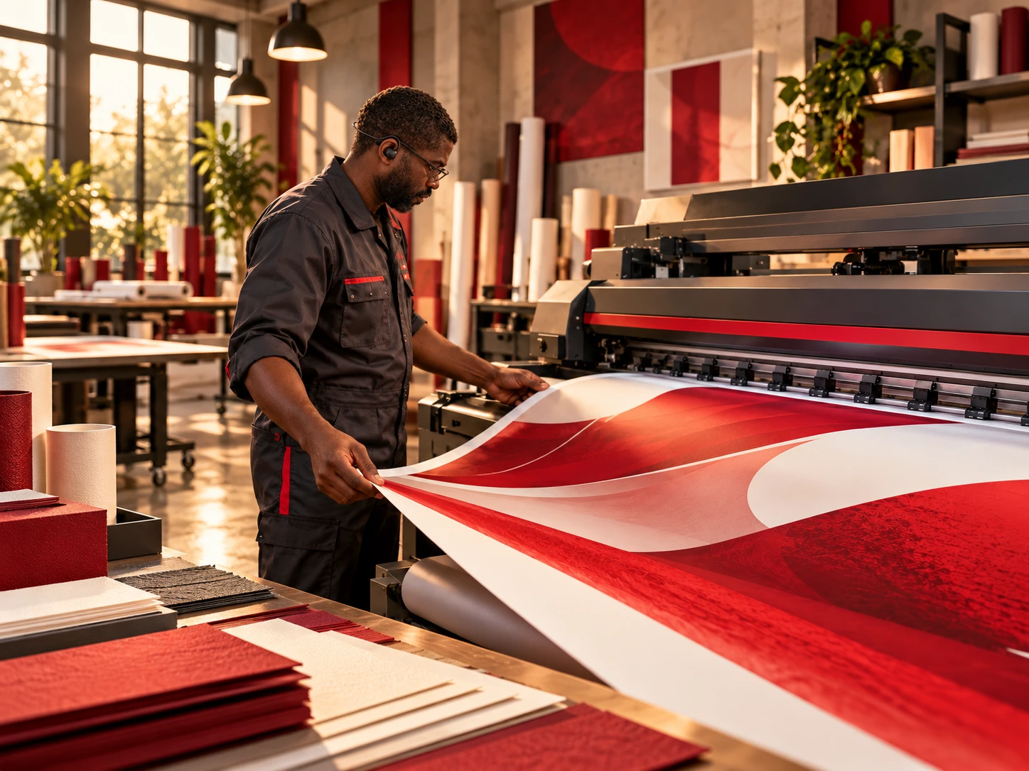 Khalifa supervisant une impression grand format dans l’atelier