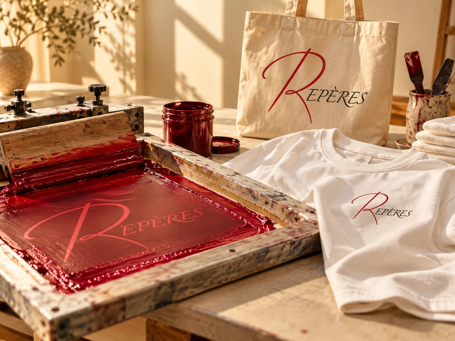 Mise en scène créative d’un atelier de sérigraphie et de textiles Repères